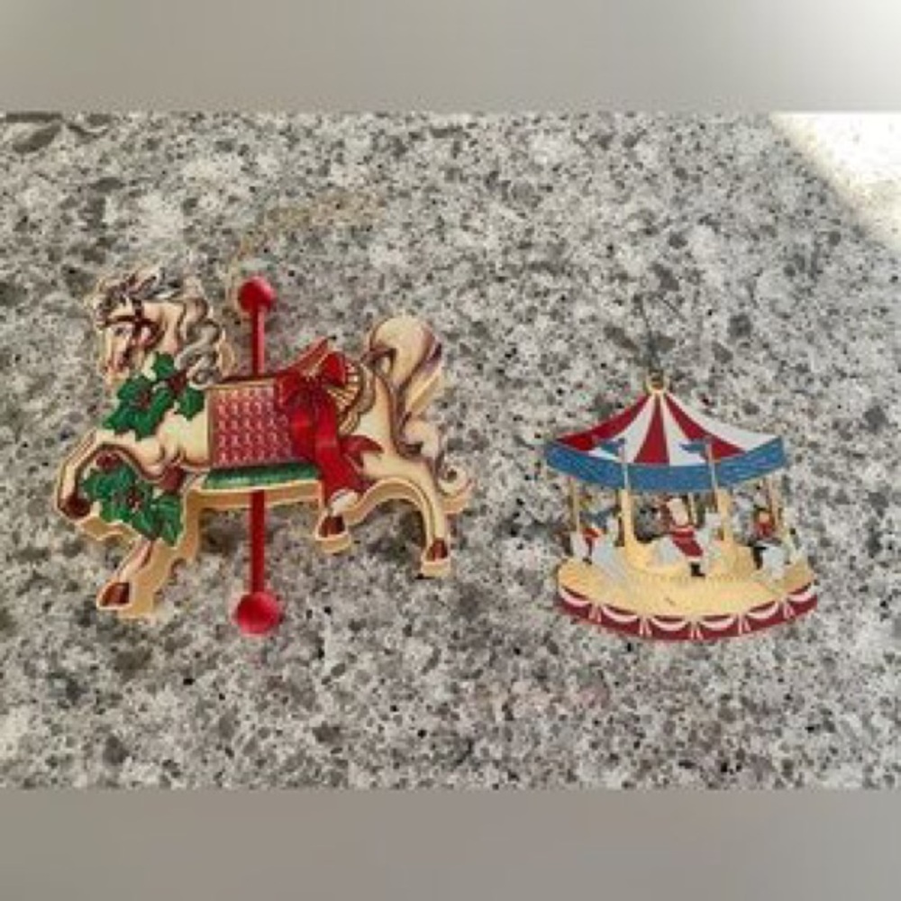 Holiday Carousel Horse and Merry-Go-Round Ornaments - Red, Green, Gold